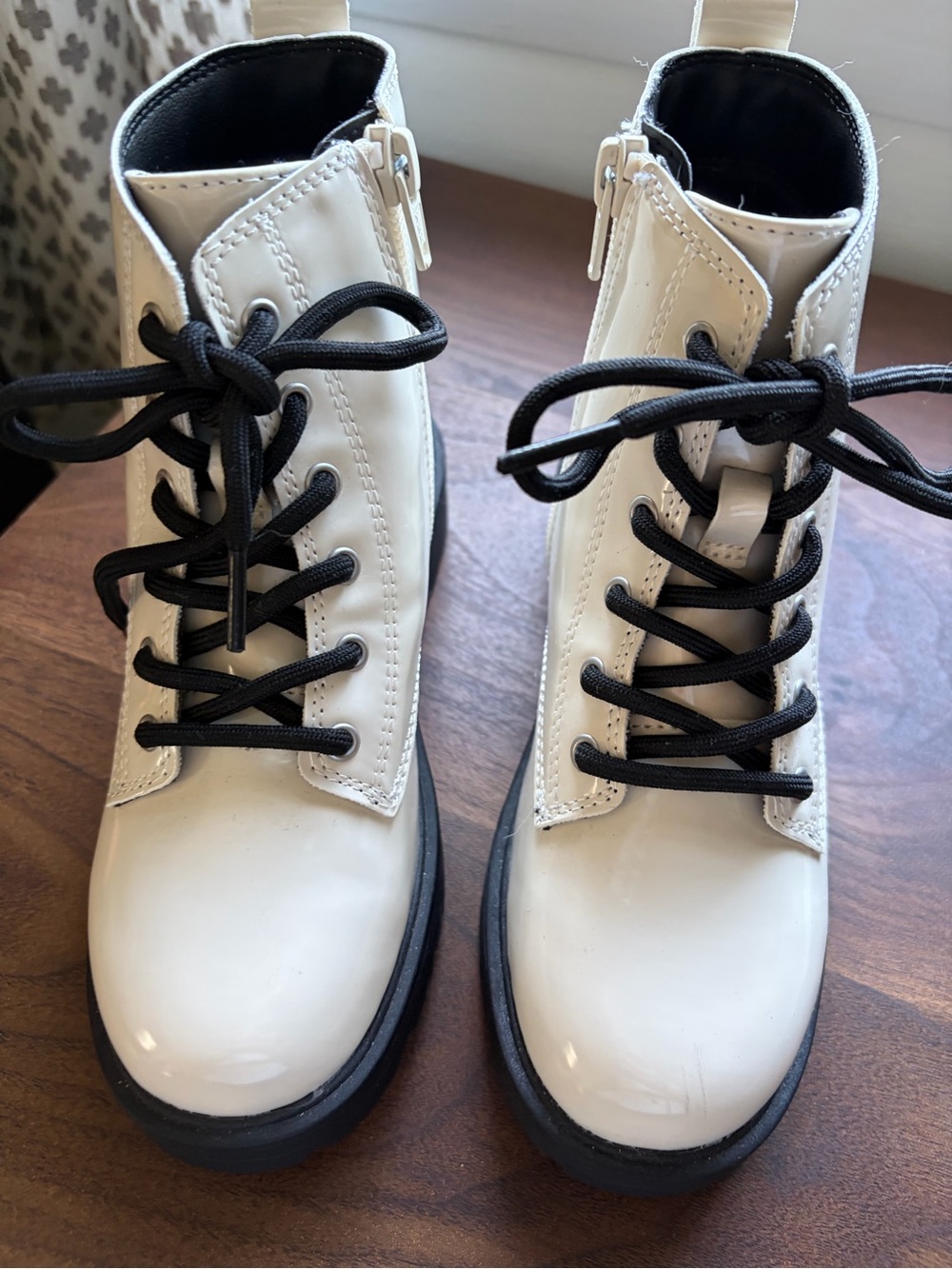 Kids White Lace-Up Ankle Boots with Black Soles